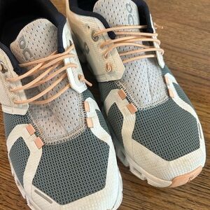 On Running Sneakers in Green-ish and White with Peach Highlights